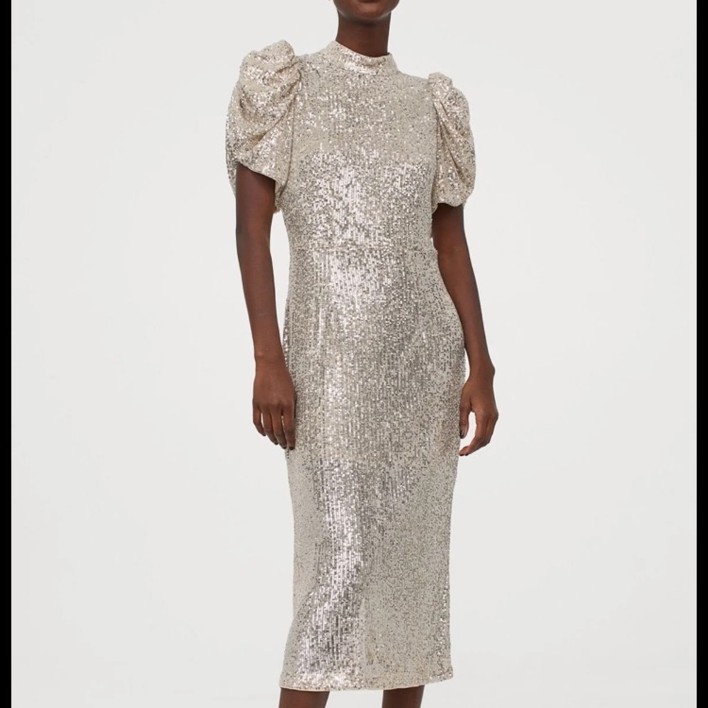 Silver Sequin Midi Dress w/ Puff Sleeves